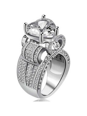 🆕 Women Silver Cubic Zirconia Ring Platinum Big Love Heart Statement Engagement